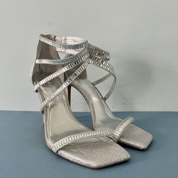 Gianni Bini Shawn Sparkle Embellished Silver Strappy Dress Sandal Heels - Picture 2 of 8